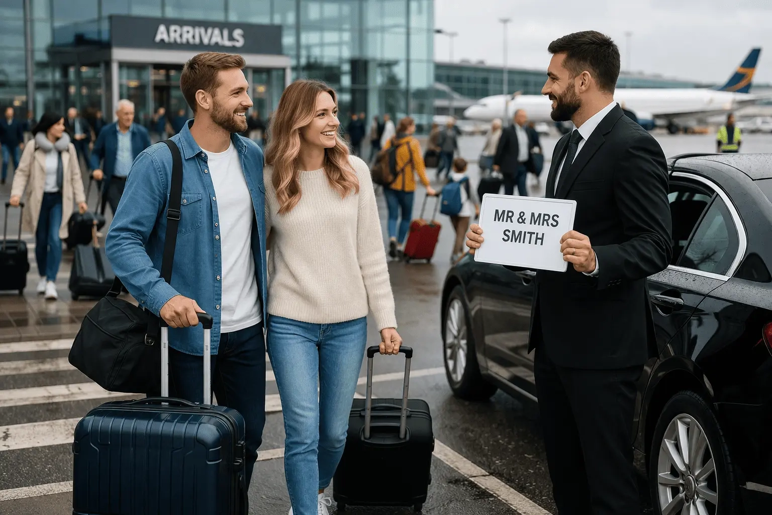 Airport Transportation Whitby service picking up couple at airport with driver and luggage