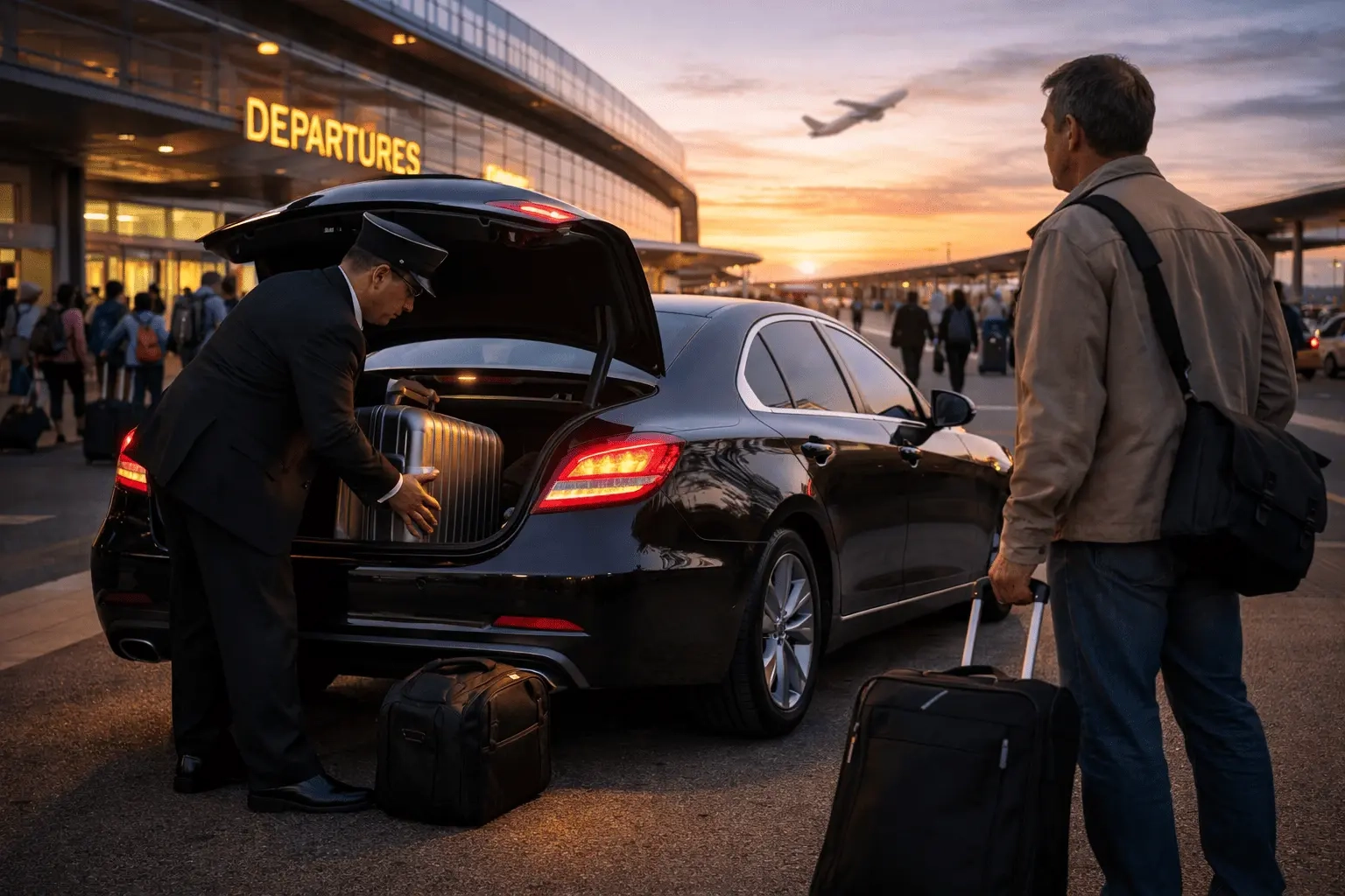 professional airport transfer Oshawa chauffeur assisting traveler with luggage outside airport departures area
