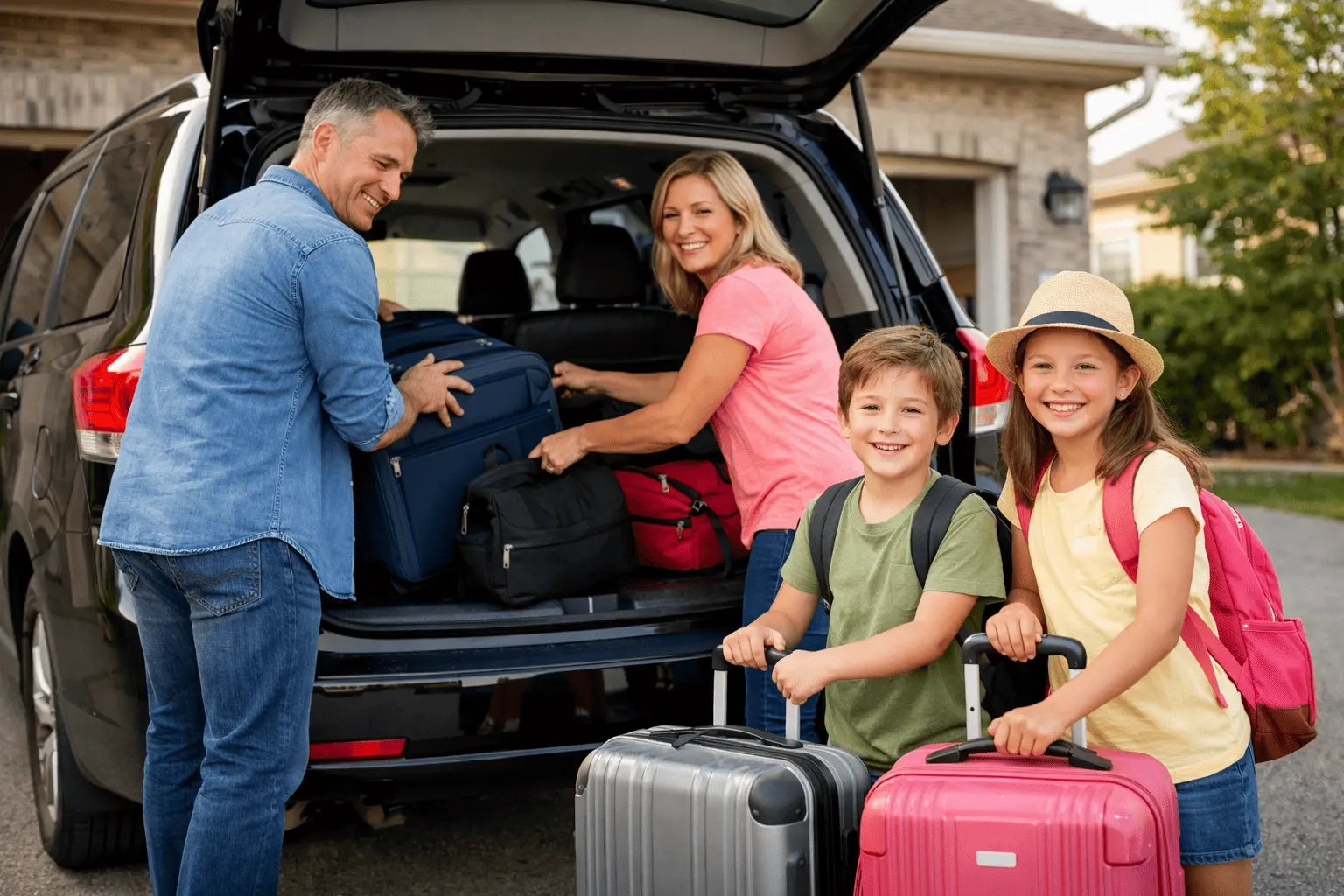 Family loading luggage into car for airport transportation in Port Hope