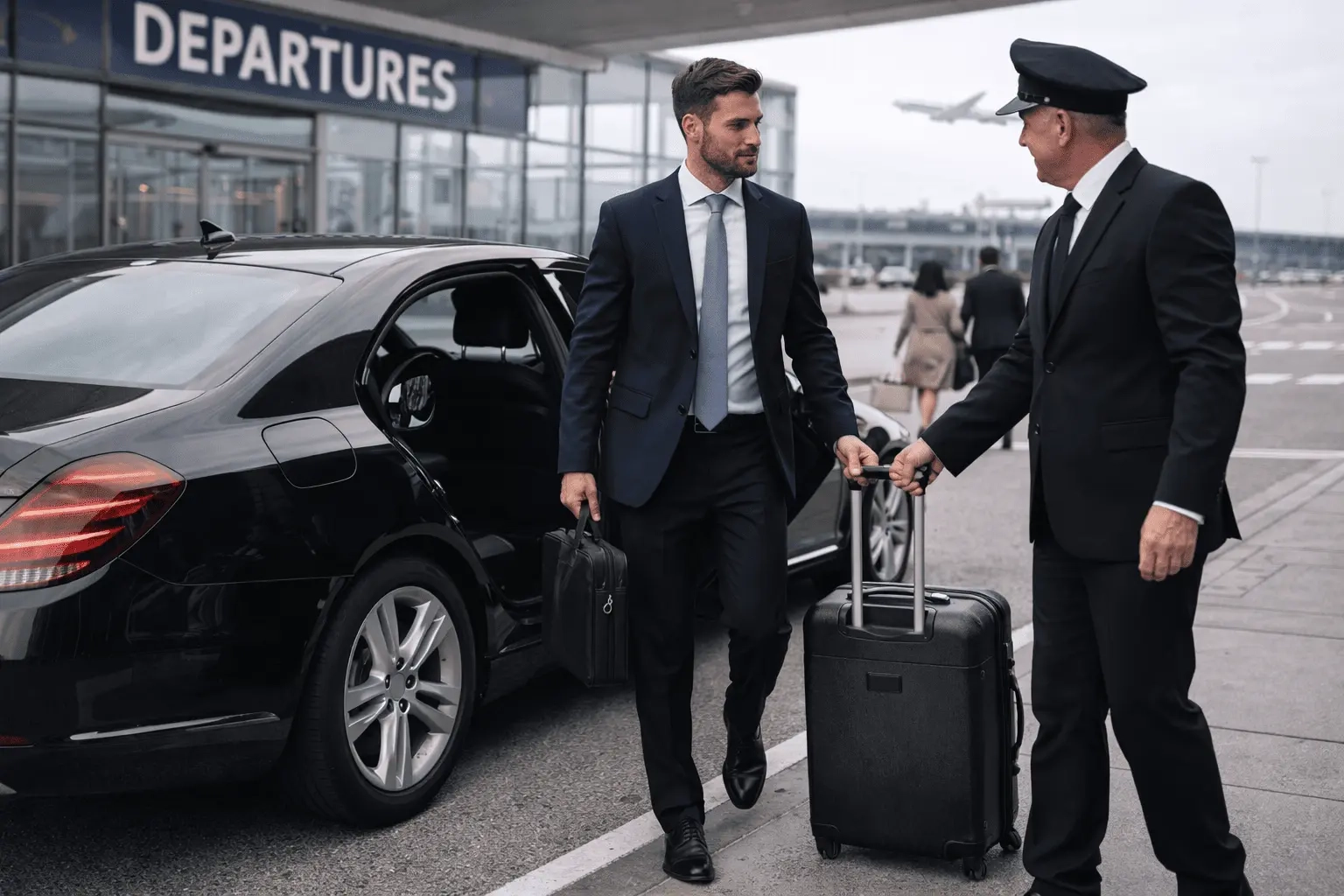 professional driver helping business traveler at terminal with airport transportation in St. Catharines
