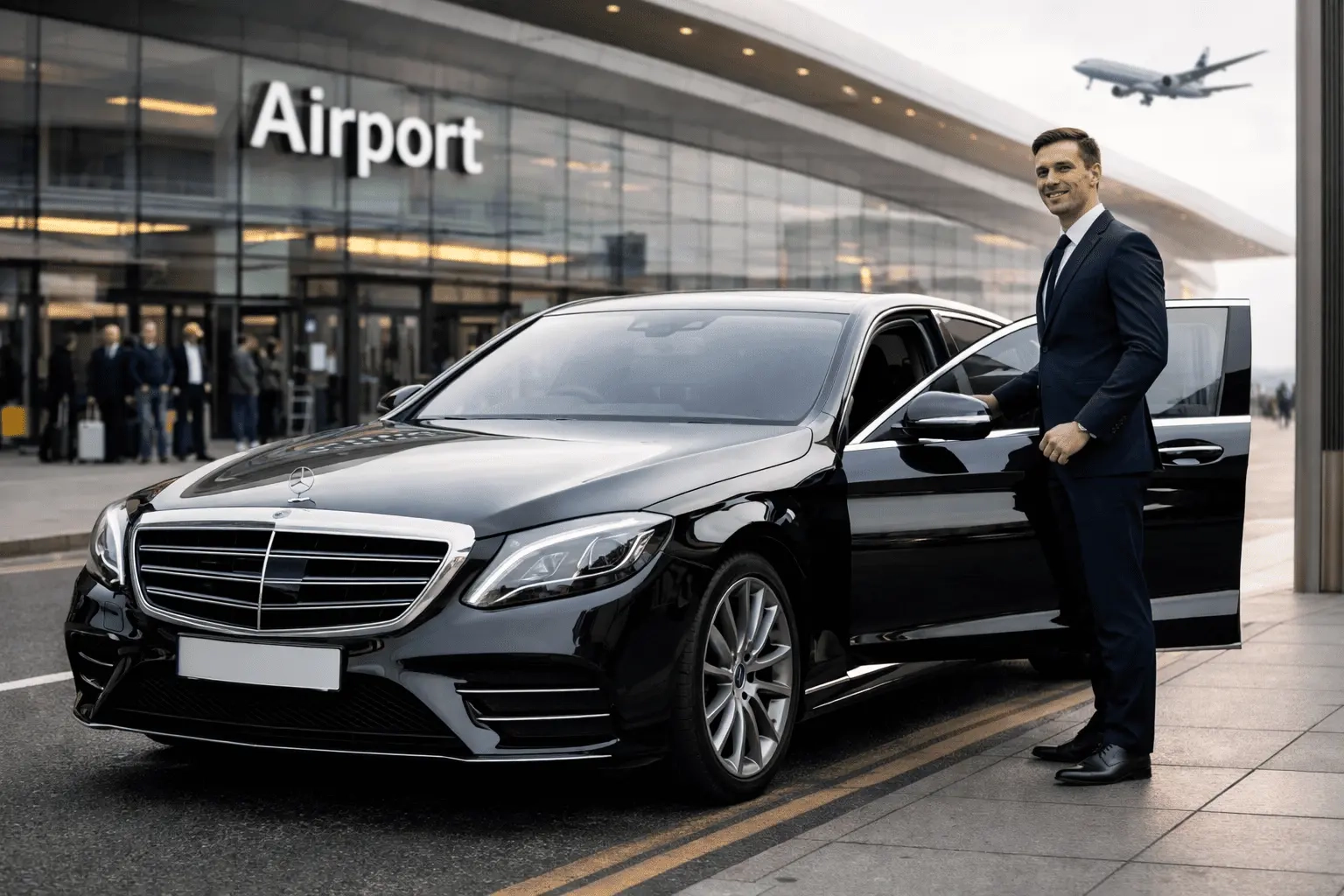 Airport transportation in London ON with luxury chauffeur car and driver ready for passenger pickup