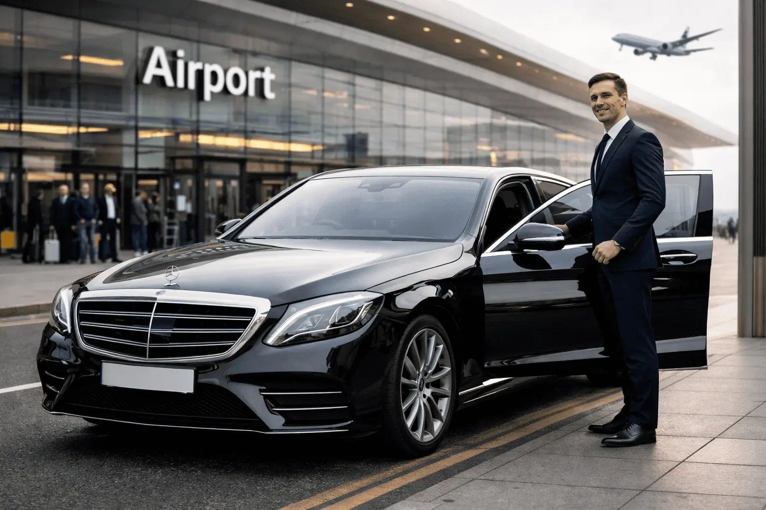 Airport transportation in London ON with luxury chauffeur car and driver ready for passenger pickup