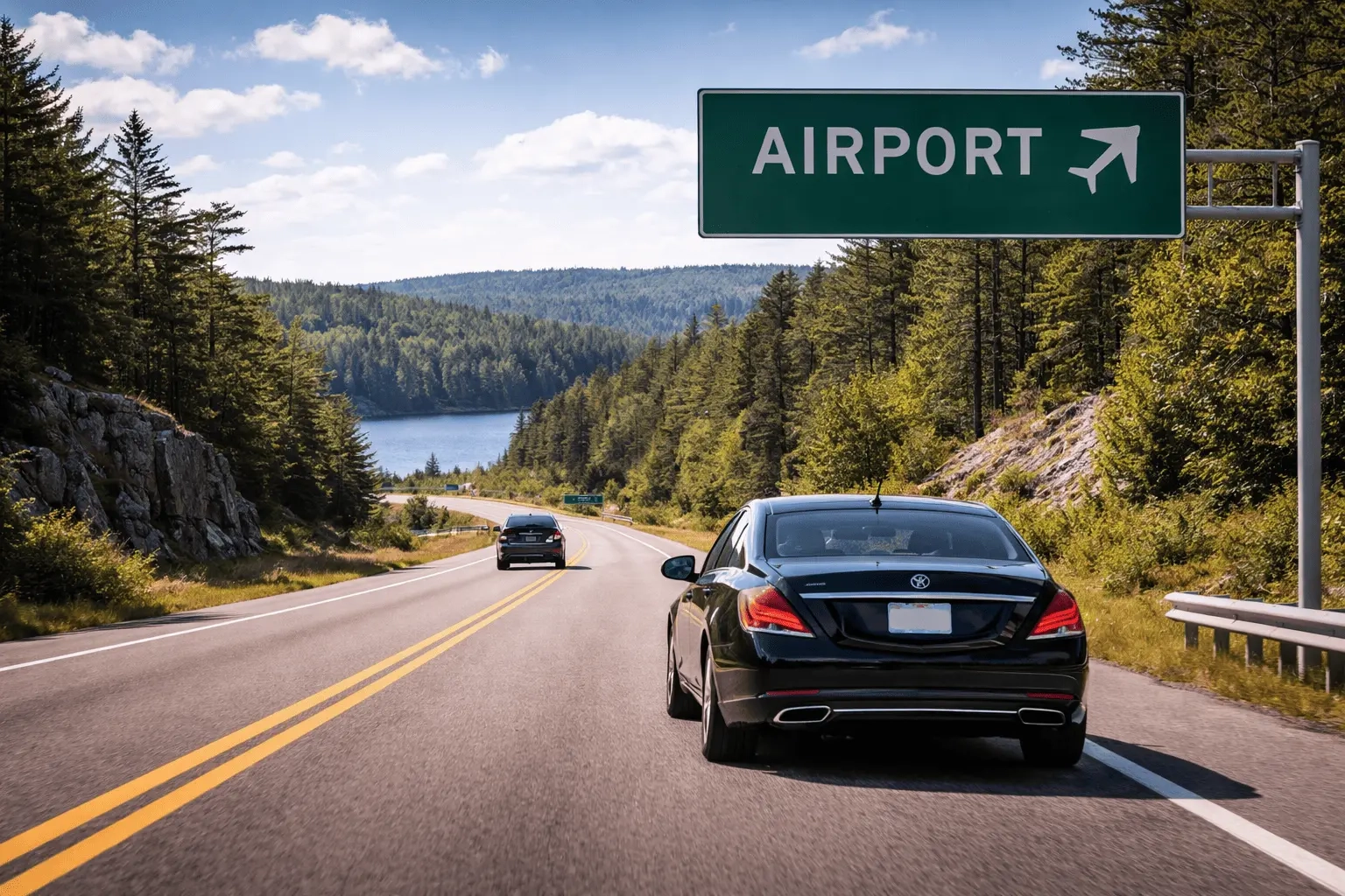 cars driving on scenic highway toward airport sign using airport transportation in Parry Sound