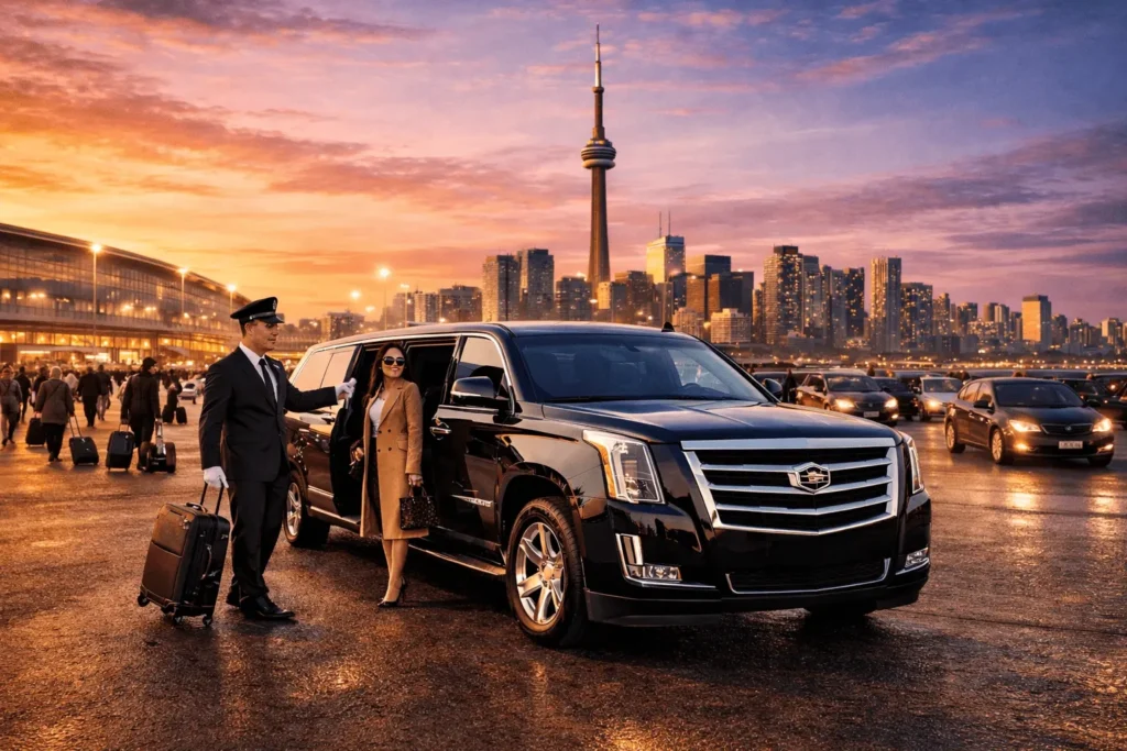 Professional chauffeur welcoming passengers beside a luxury SUV outside a busy Toronto airport terminal.