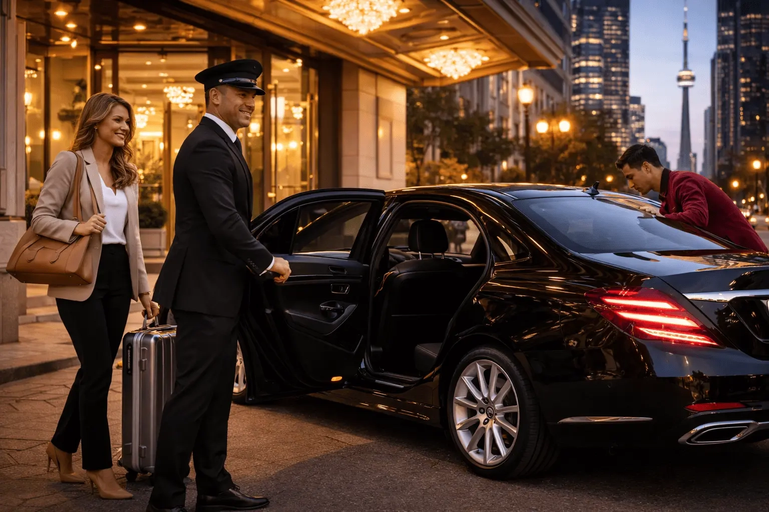 professional chauffeur opening luxury sedan door for passenger at toronto hotel entrance