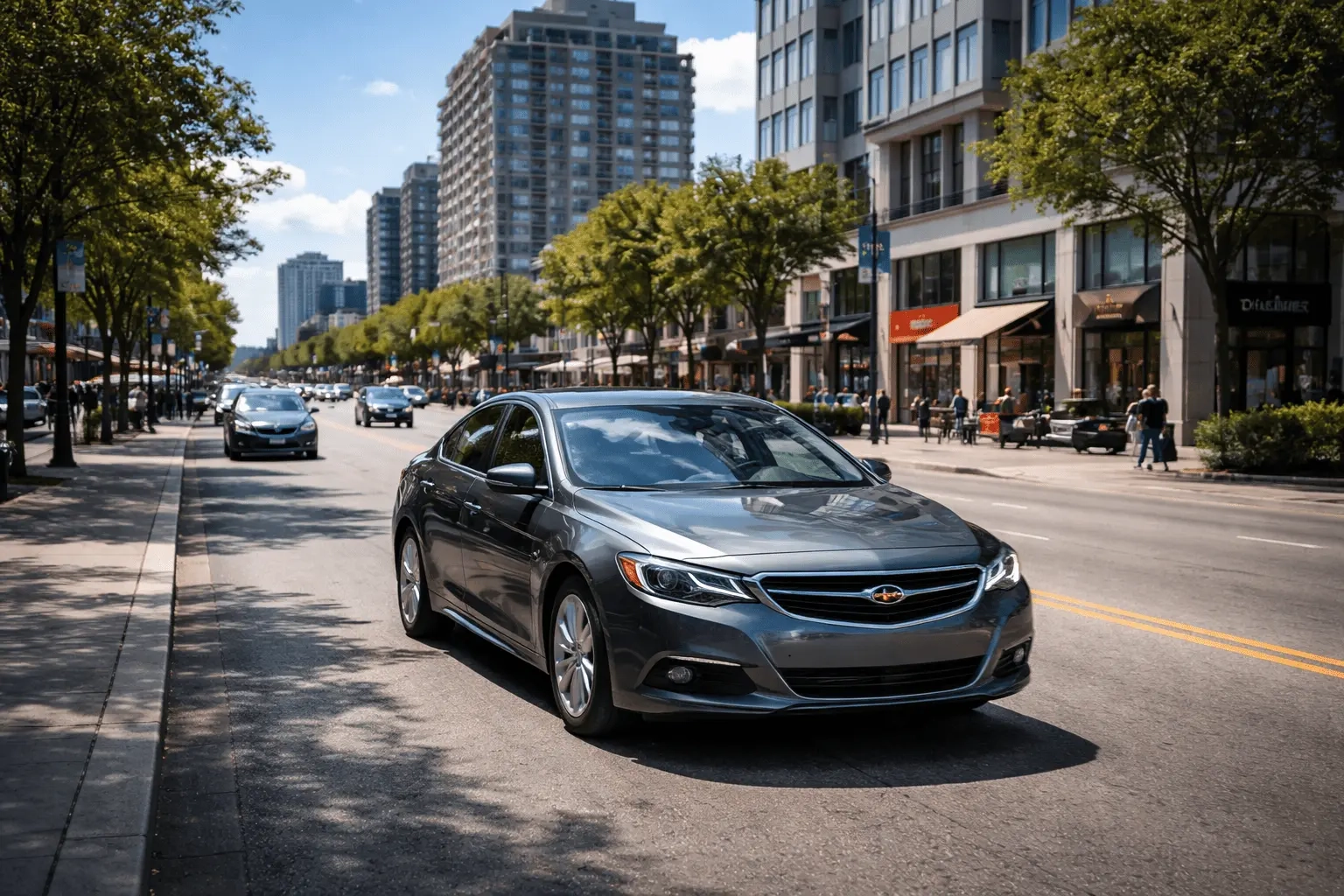 👉 sedan driving through busy city street with traffic using car service in London ON during daytime