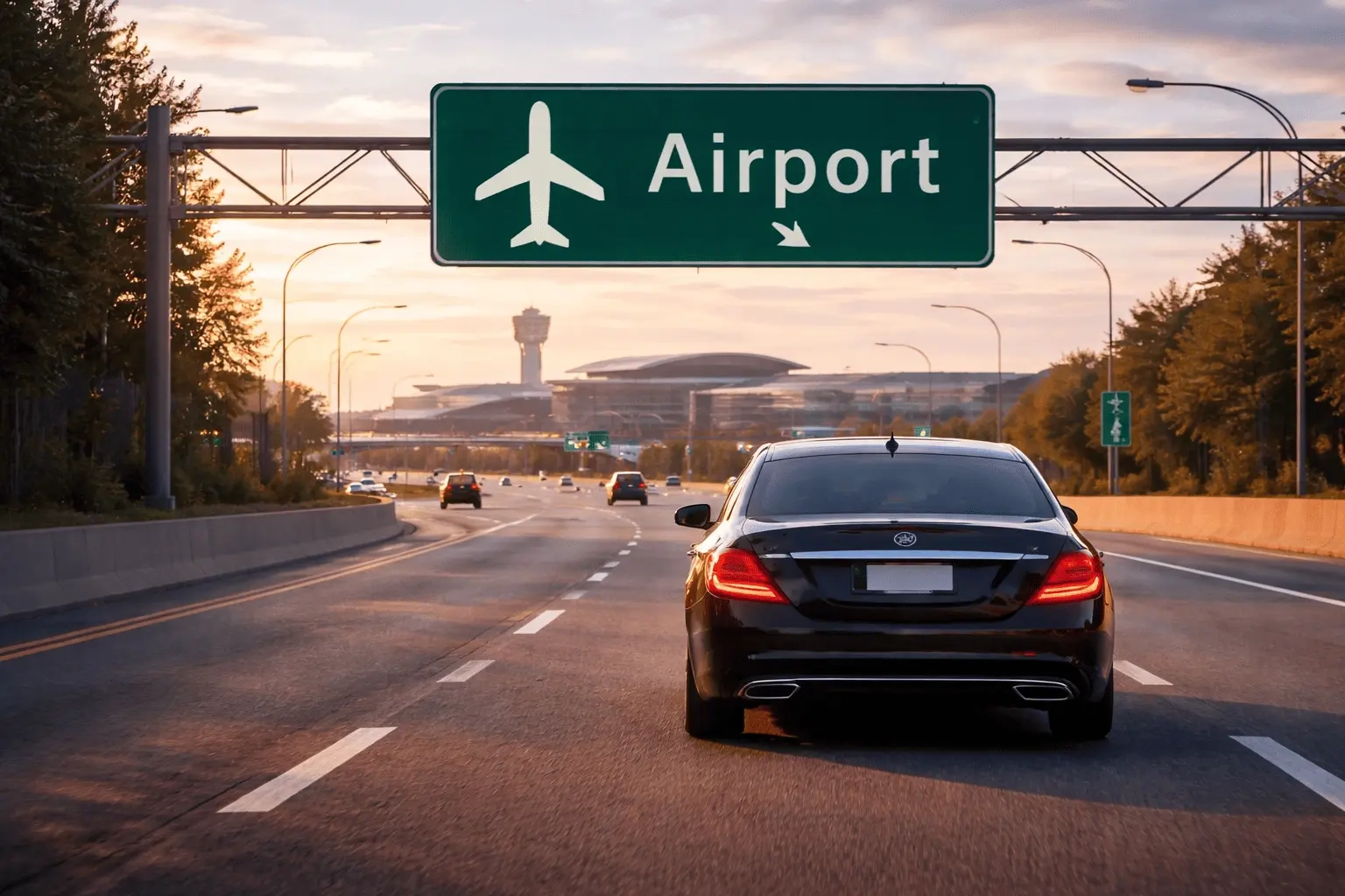 black sedan driving on highway toward airport sign with airplane symbol during early morning