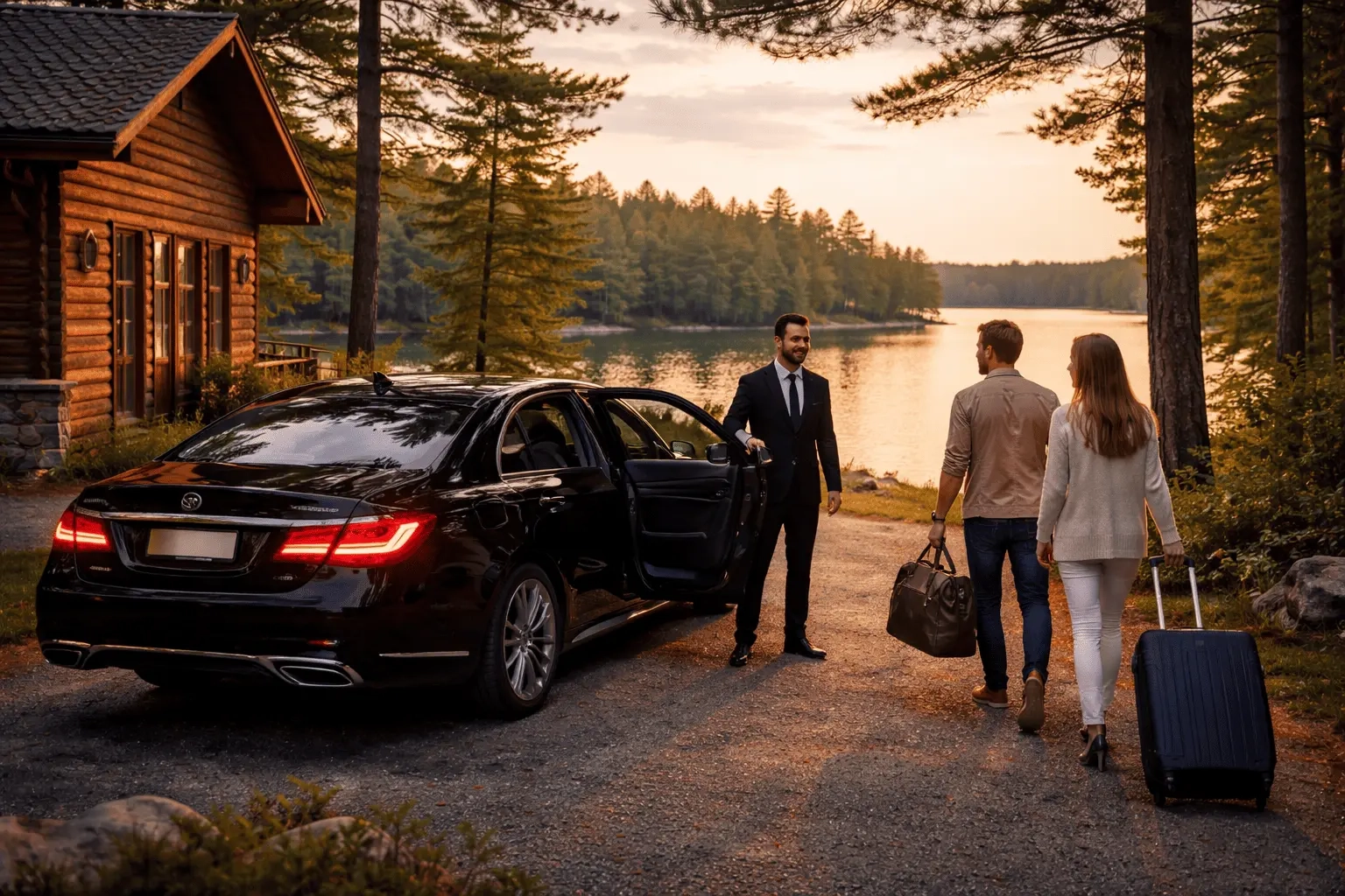 chauffeur opening car door for couple at lakeside cottage using chauffeur service in Parry Sound