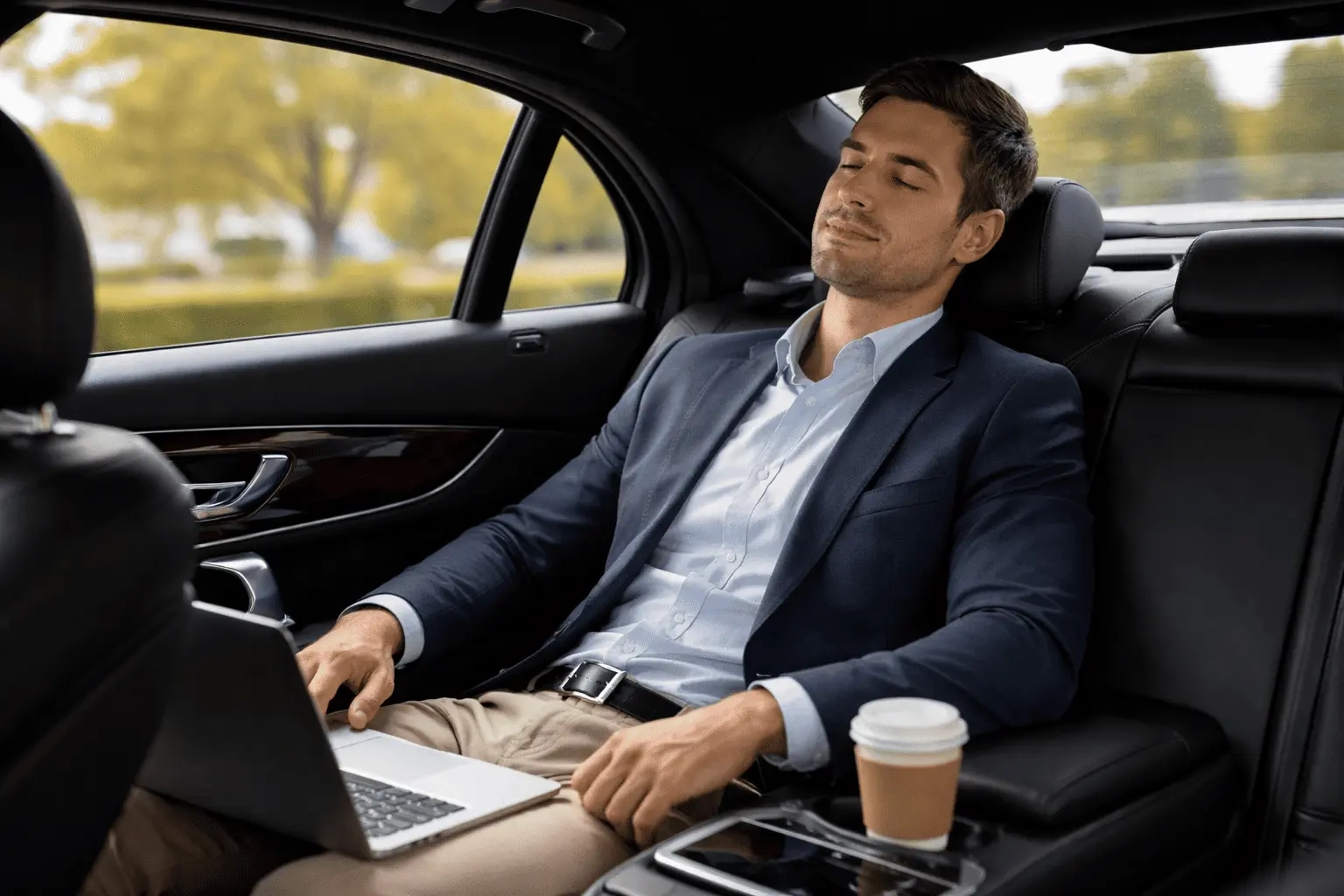 businessman relaxing in back seat using car service in Uxbridge during smooth ride