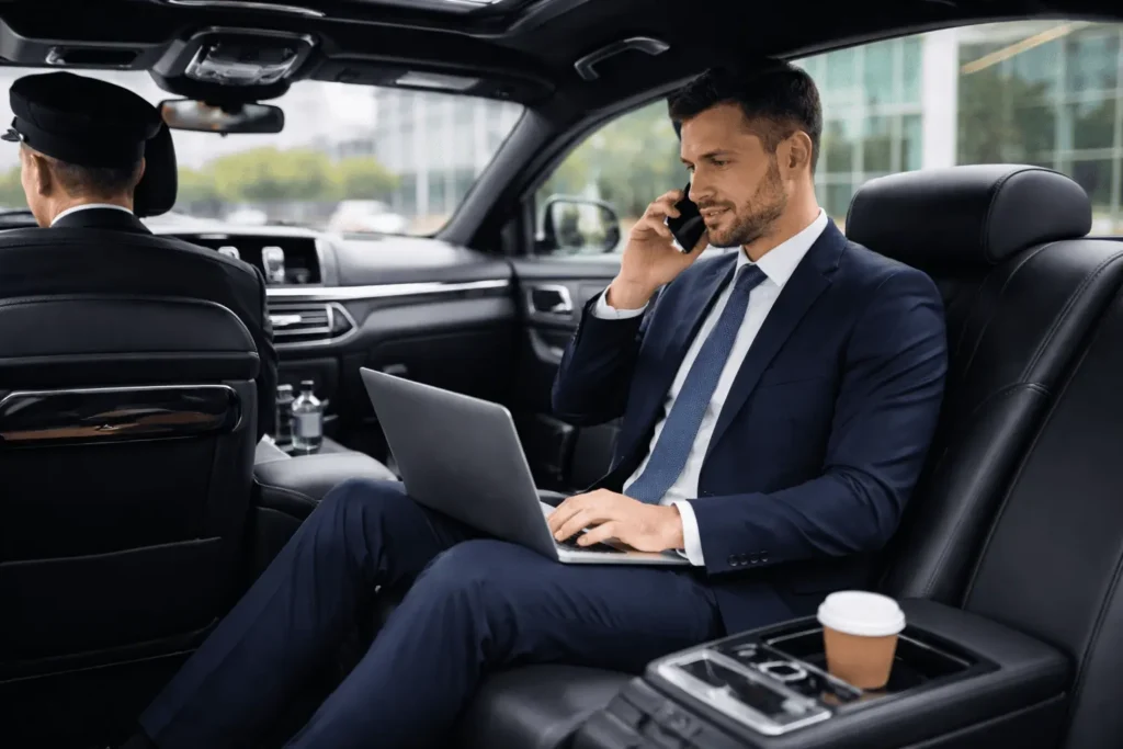 executive working on laptop during ride using corporate limo service in St. Catharines with chauffeur behind the wheel