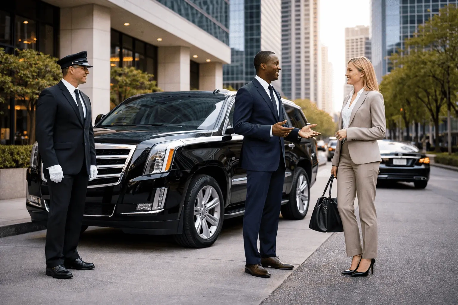 two business professionals talking beside a luxury corporate limousine while chauffeur waits near the car