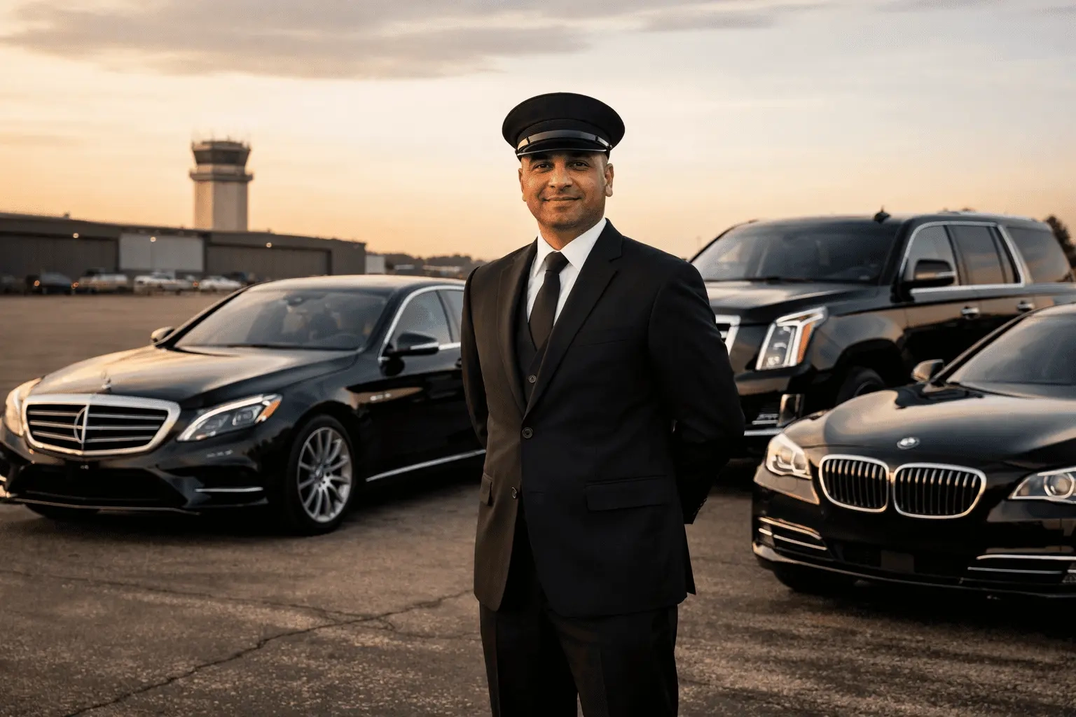 professional chauffeur in uniform standing beside luxury executive cars for limo service toronto
