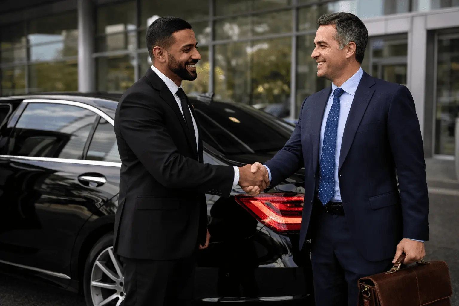 chauffeur greeting business client with handshake using executive limo hire in Uxbridge outside office