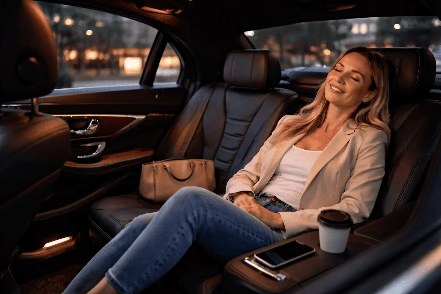 passenger relaxing in luxury car interior using Toronto car service with comfortable leather seating
