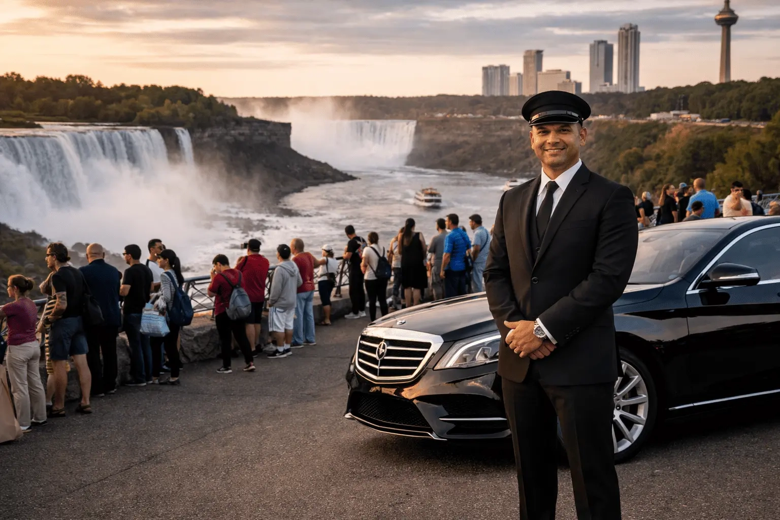 professional chauffeur with luxury sedan near niagara falls with tourists in background