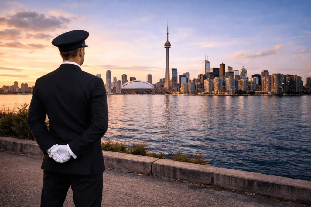 Professional chauffeur overlooking Toronto skyline for luxury Toronto limo service