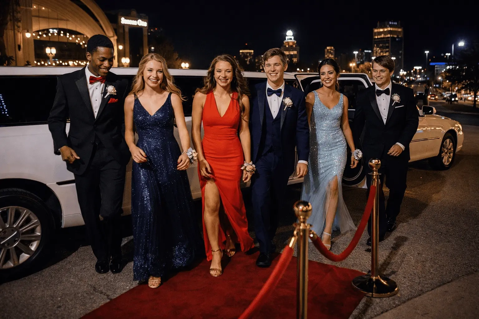group of students arriving on red carpet with limousine using prom limo service in Buffalo Niagara at night