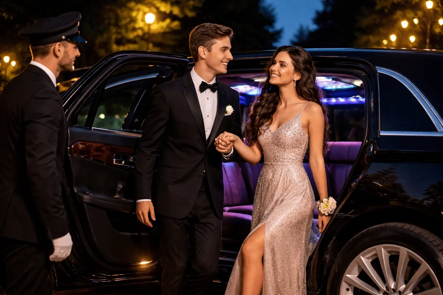 prom couple stepping out of limo with chauffeur using prom limo service in Parry Sound at night