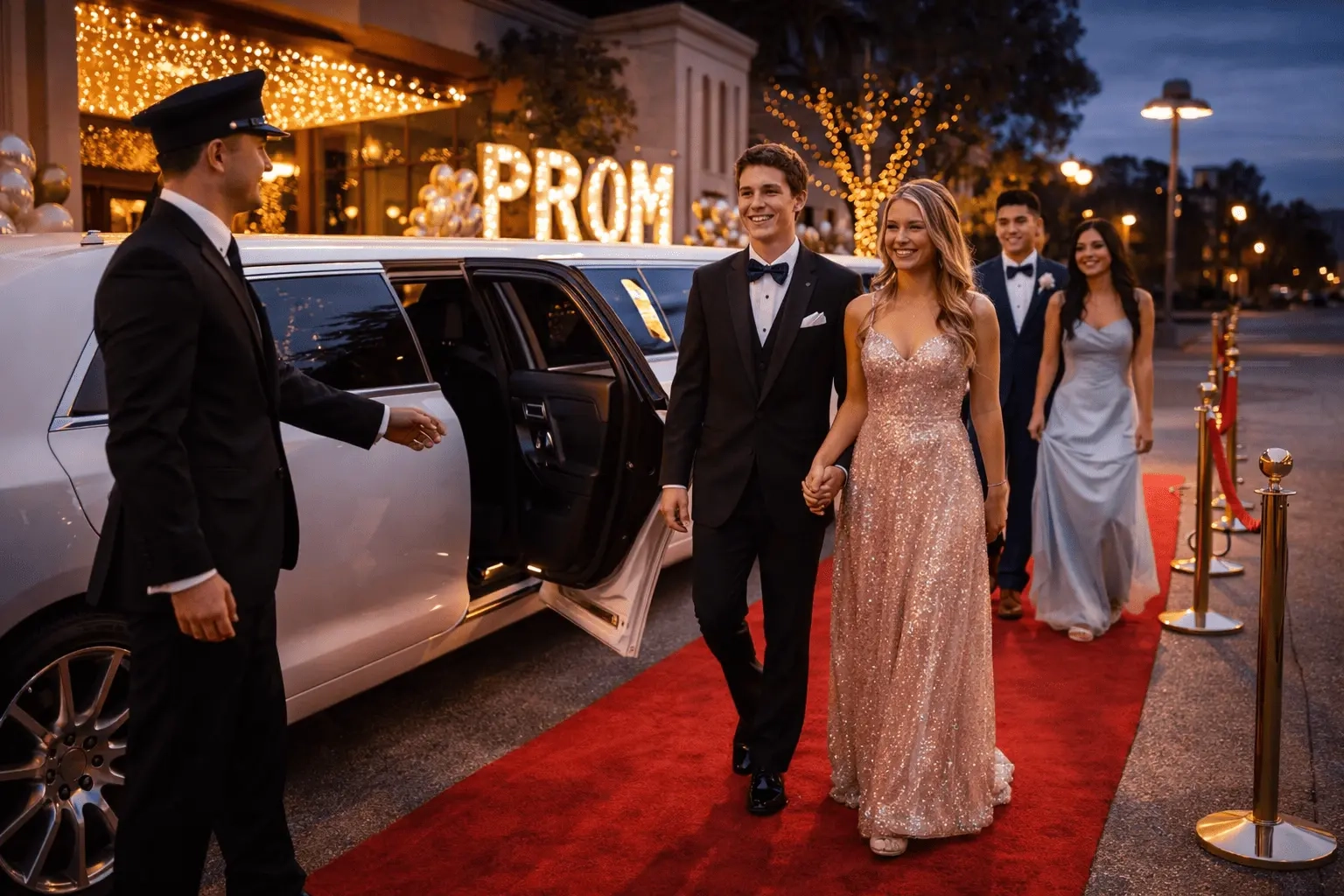 prom couple arriving on red carpet from luxury stretch limousine at prom venue
