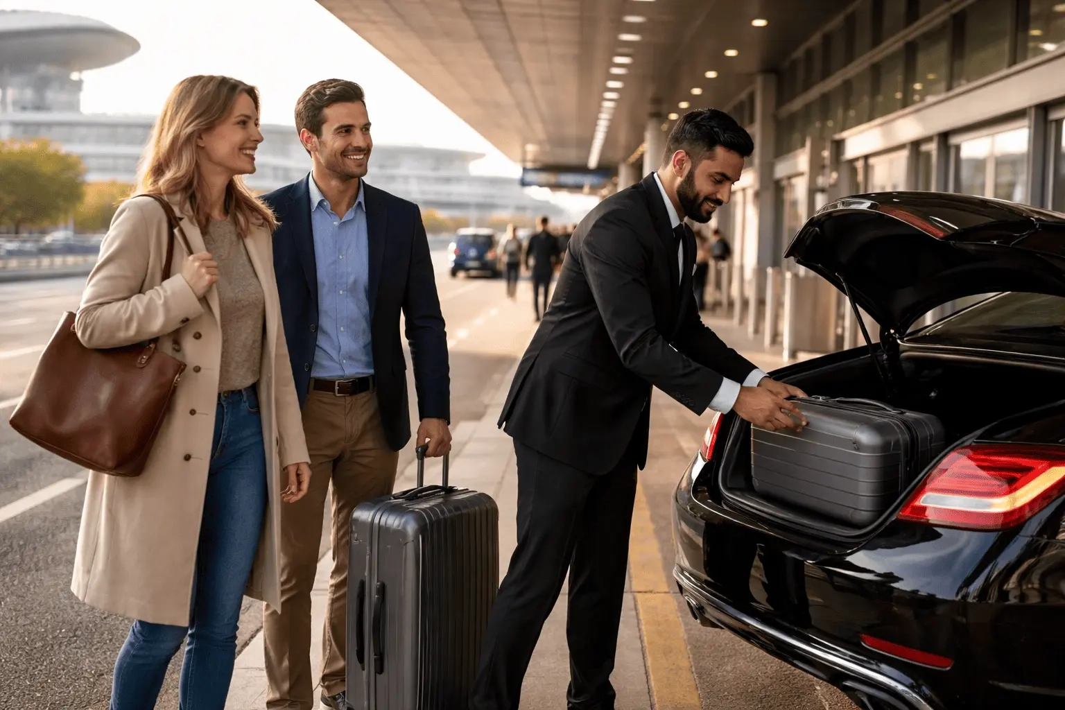 chauffeur assisting couple with luggage at airport drop off using airport transportation in Uxbridge