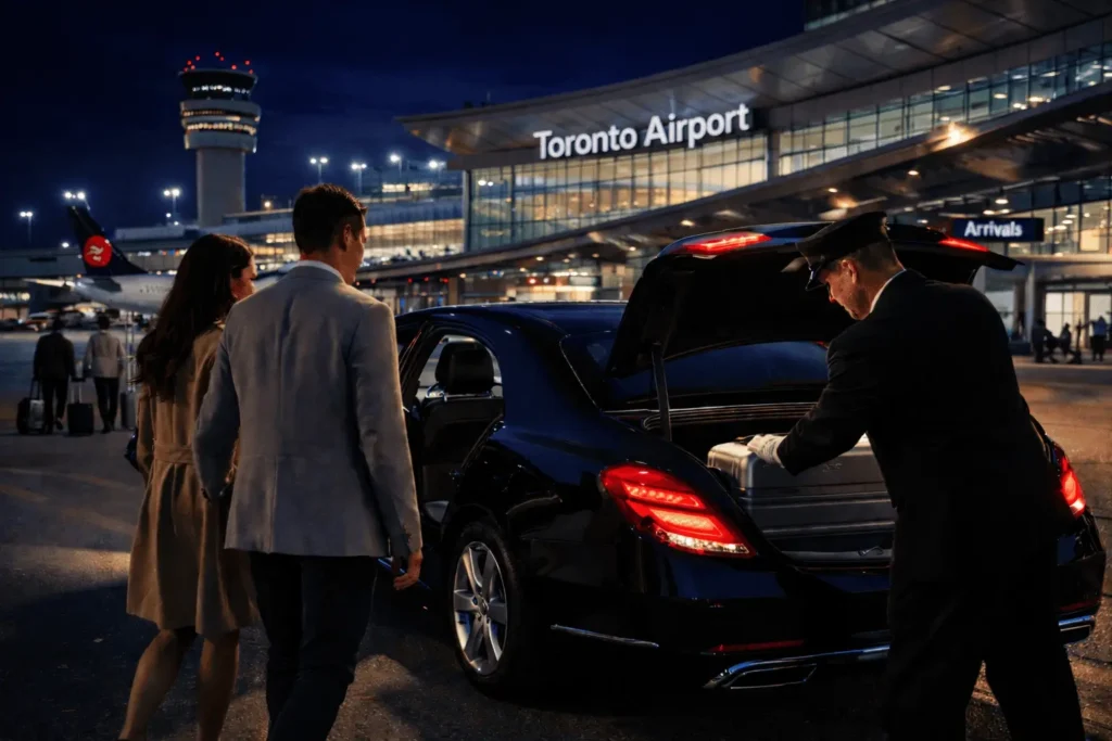Chauffeur assisting travelers with luggage outside Toronto Pearson Airport terminal.