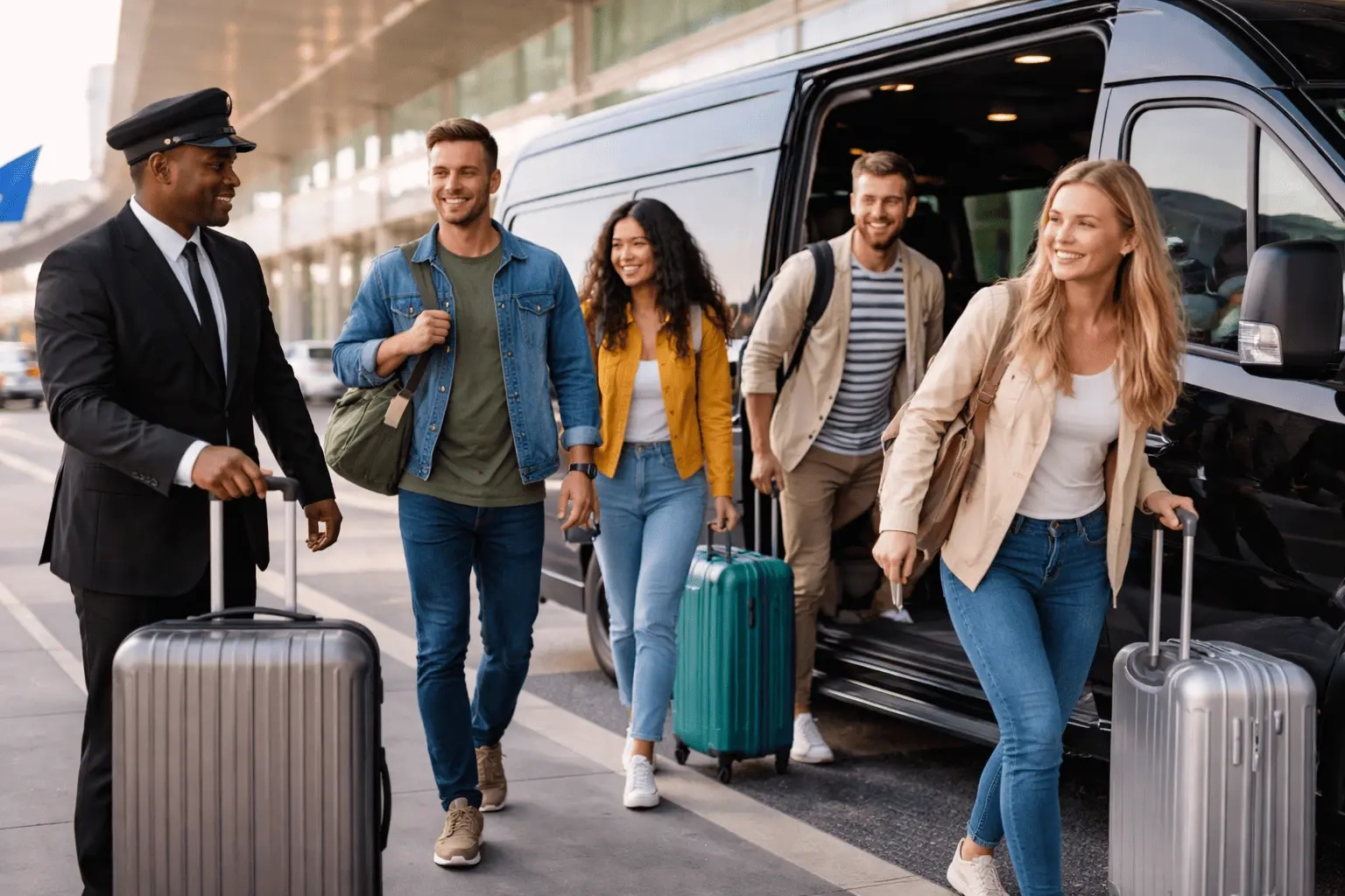 group of travelers with luggage entering van using airport transportation in Toronto at terminal