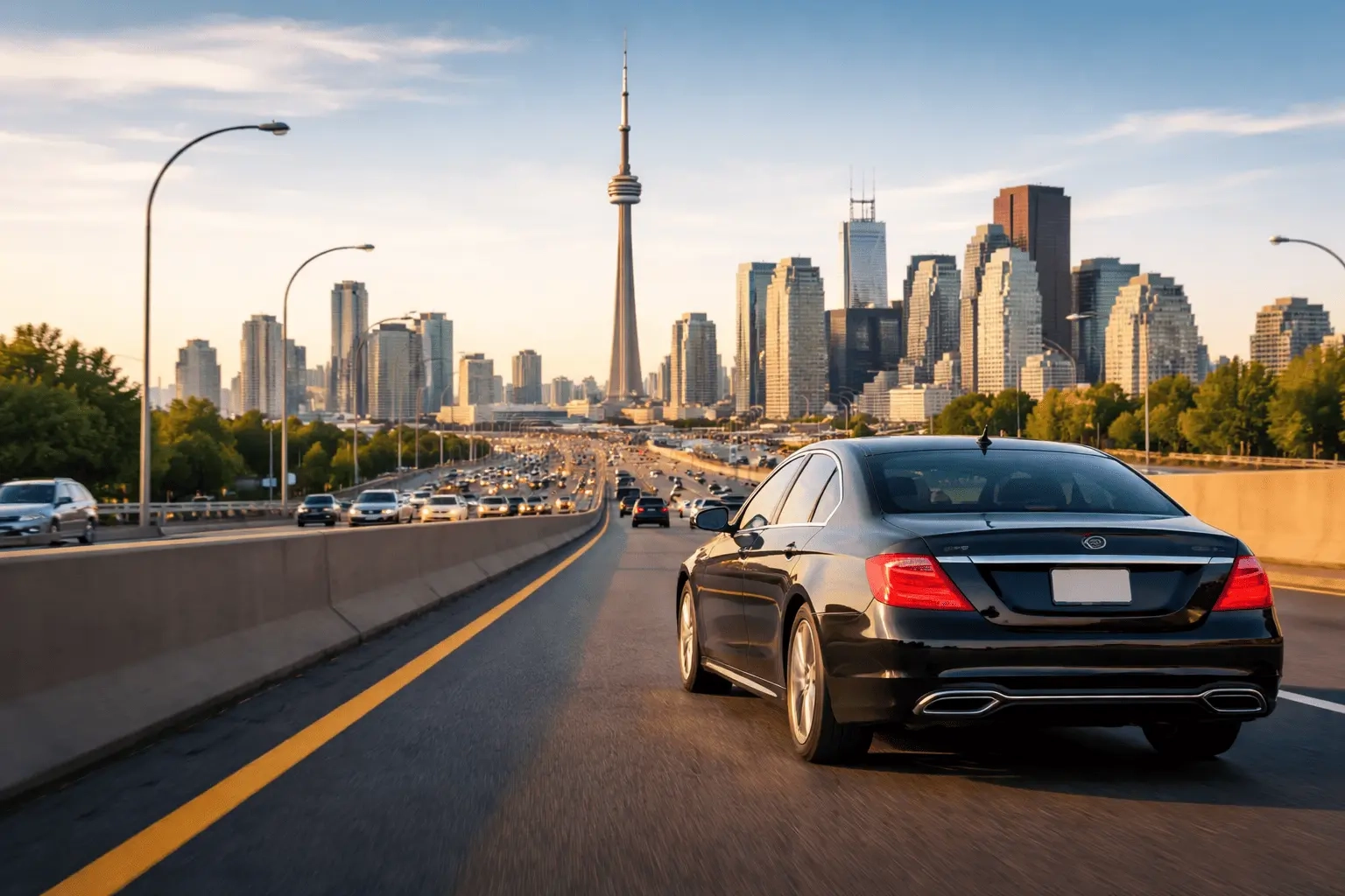 black sedan driving on highway toward Toronto skyline with CN Tower during sunset