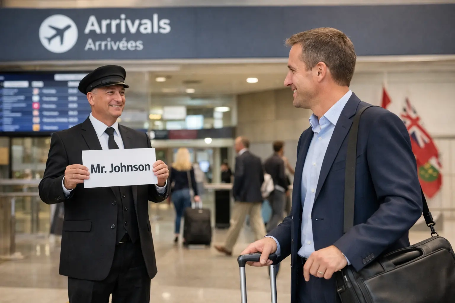 chauffeur greeting passenger at arrivals using Toronto airport transportation service