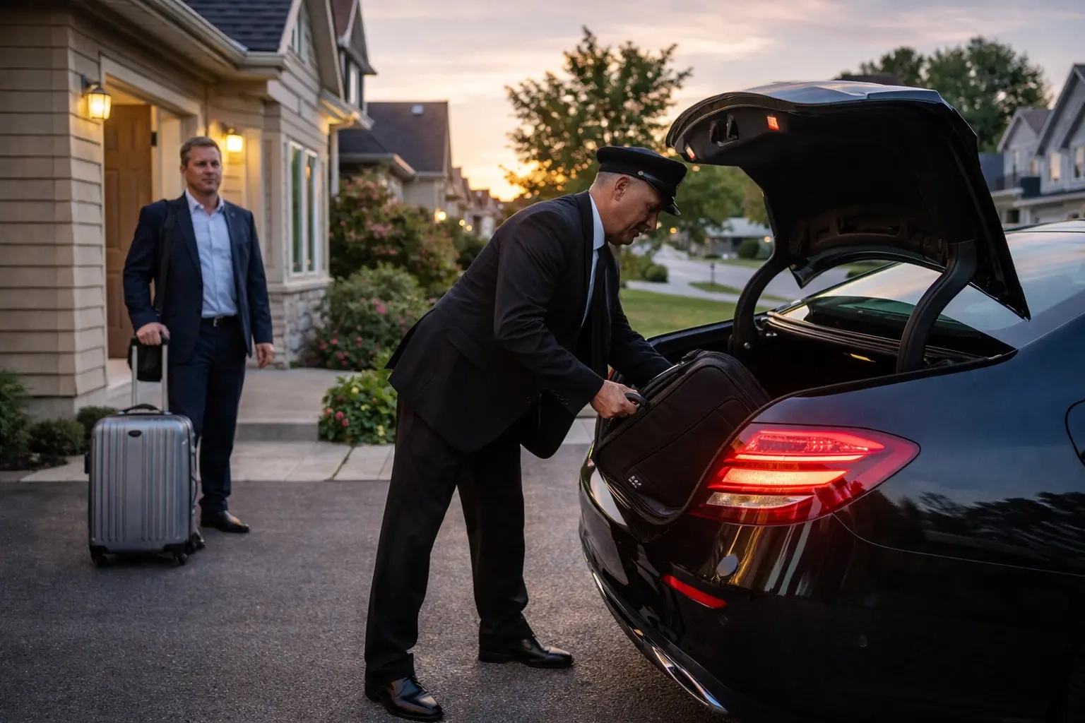 chauffeur loading luggage into car at residential pickup before early morning airport trip