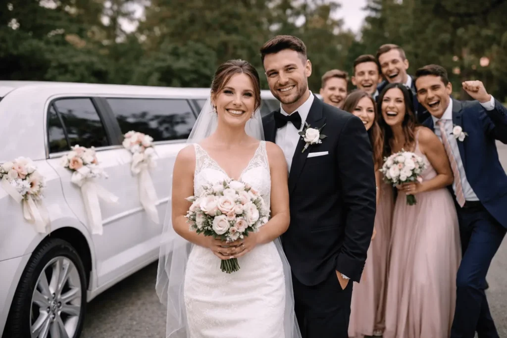 bride and groom with bridal party standing in front of decorated limousine for wedding limo service in Oshawa