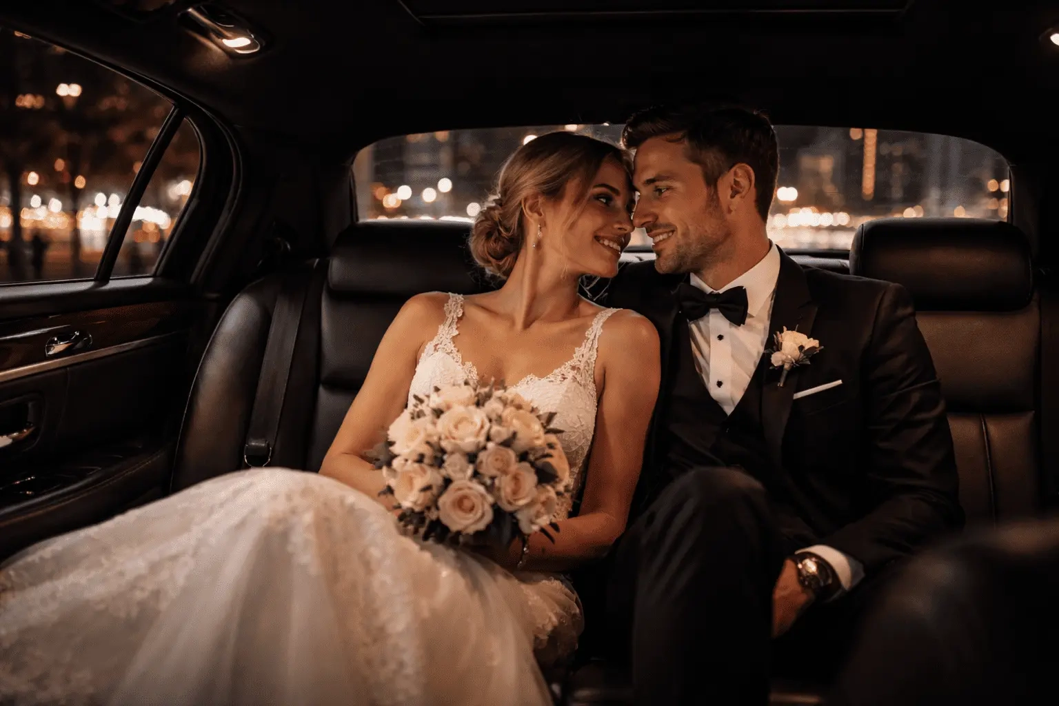 newlywed couple sitting inside luxury car at night using wedding limo service in London ON with city lights
