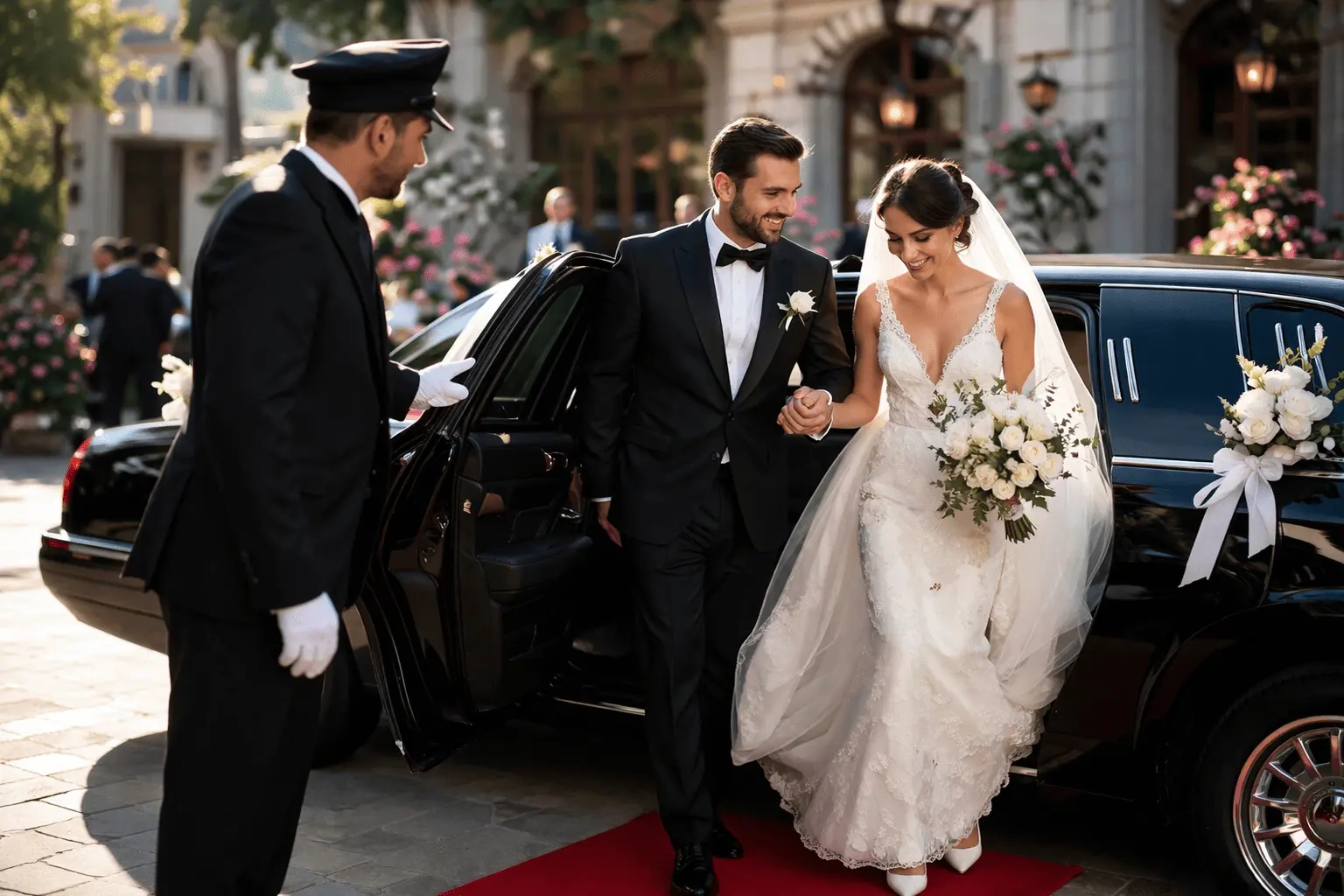 bride and groom arriving in luxury car using wedding limo service in Uxbridge with chauffeur opening door