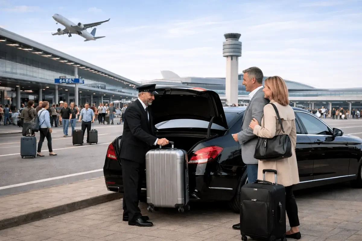 Professional chauffeur loading luggage for passengers using limo service in Toronto at airport terminal.