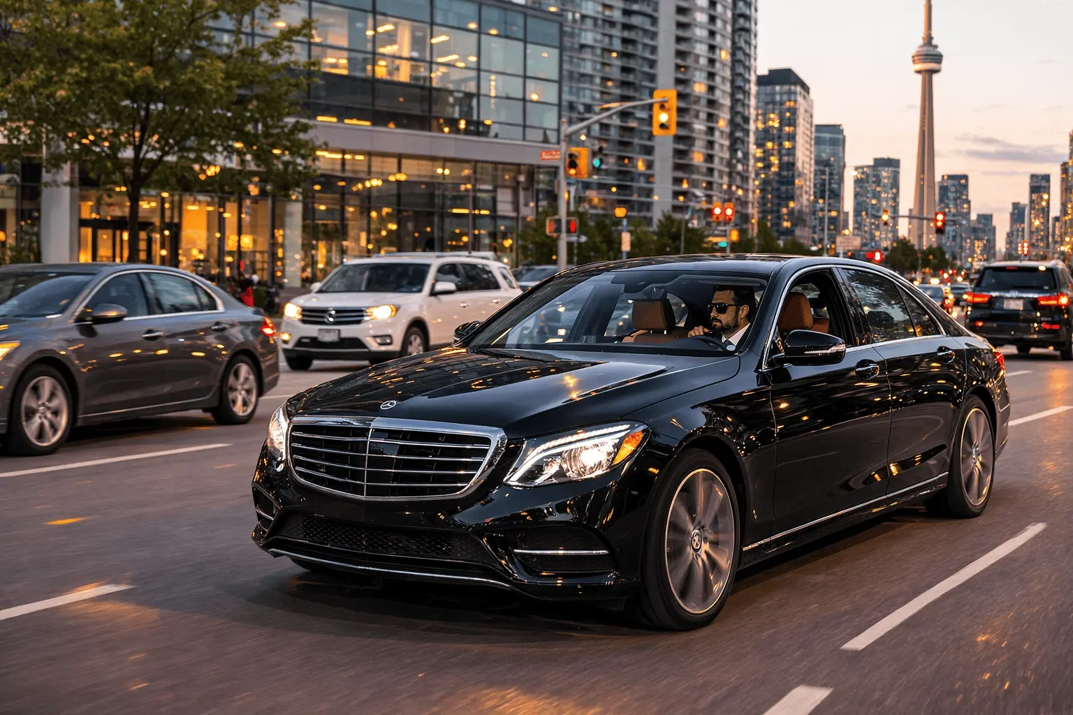 business passenger sitting in the back seat of a luxury car while a professional driver drives through city traffic