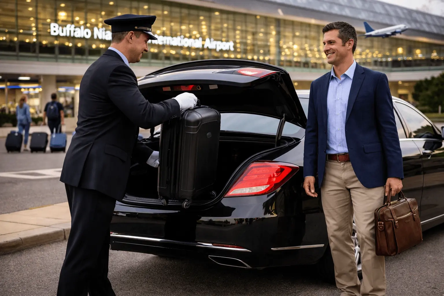 passenger pickup with luggage using airport transportation in Buffalo Niagara