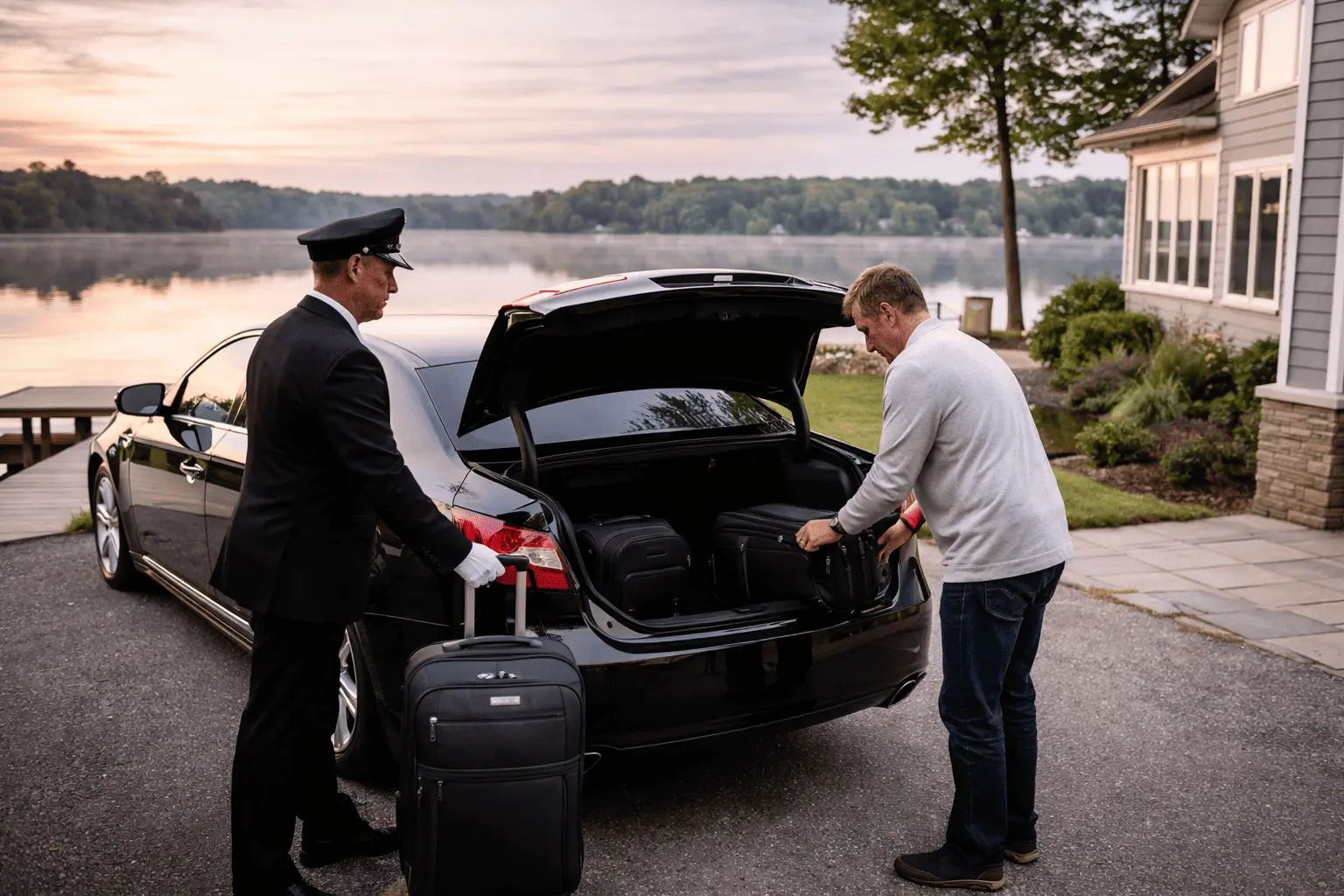 chauffeur loading luggage at lakeside home using airport transportation in Port Perry before departure