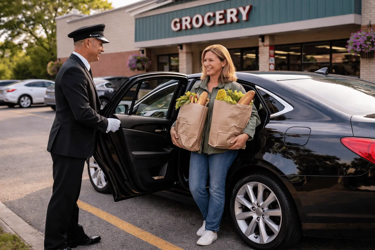 woman with grocery bags entering car outside store using car service in Port Perry with driver assistance