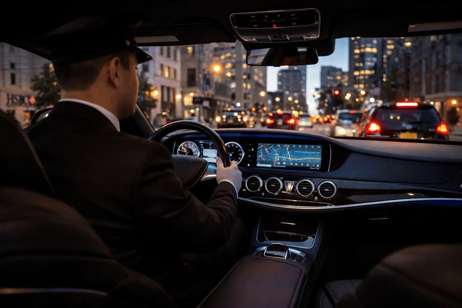 chauffeur driving luxury car in city traffic using chauffeur service in Buffalo Niagara