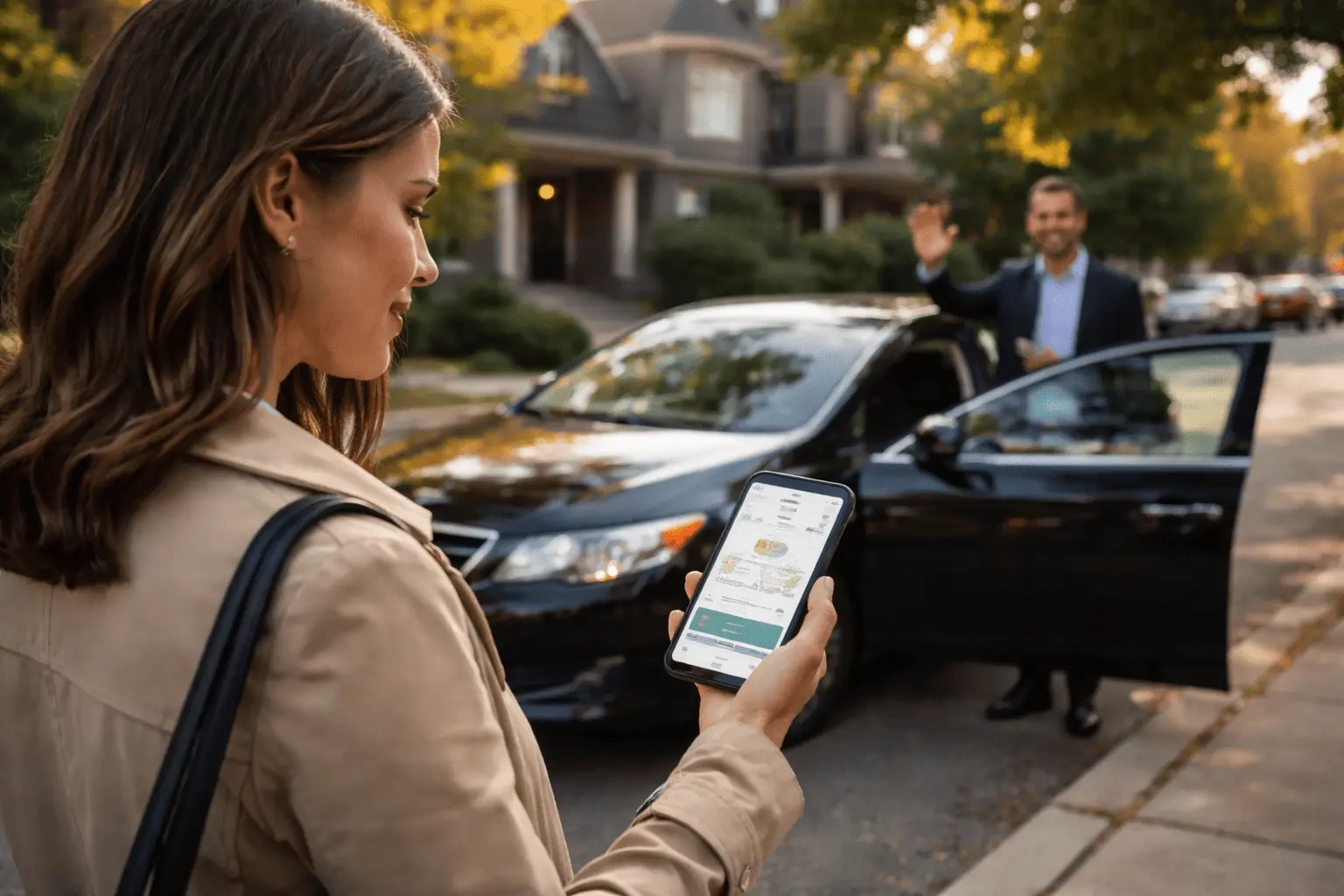 Passenger booking ride on phone with cheap private car service Toronto and driver arriving for pickup