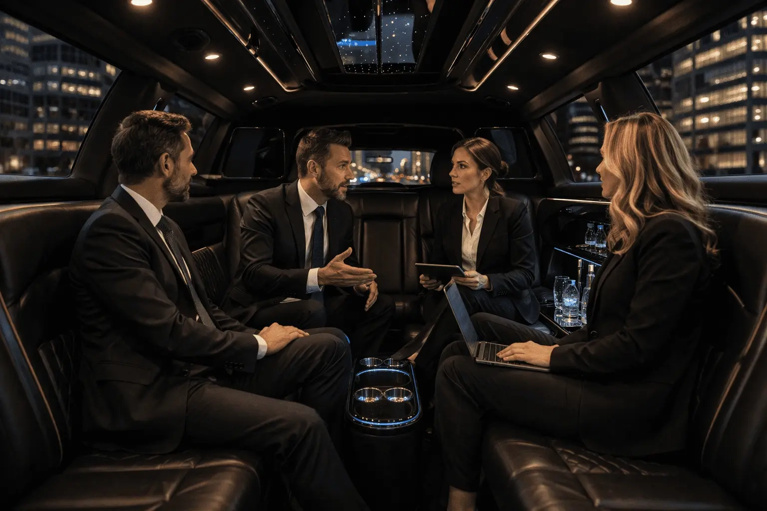 Business professionals discussing inside luxury limo with corporate event limo Toronto during city ride