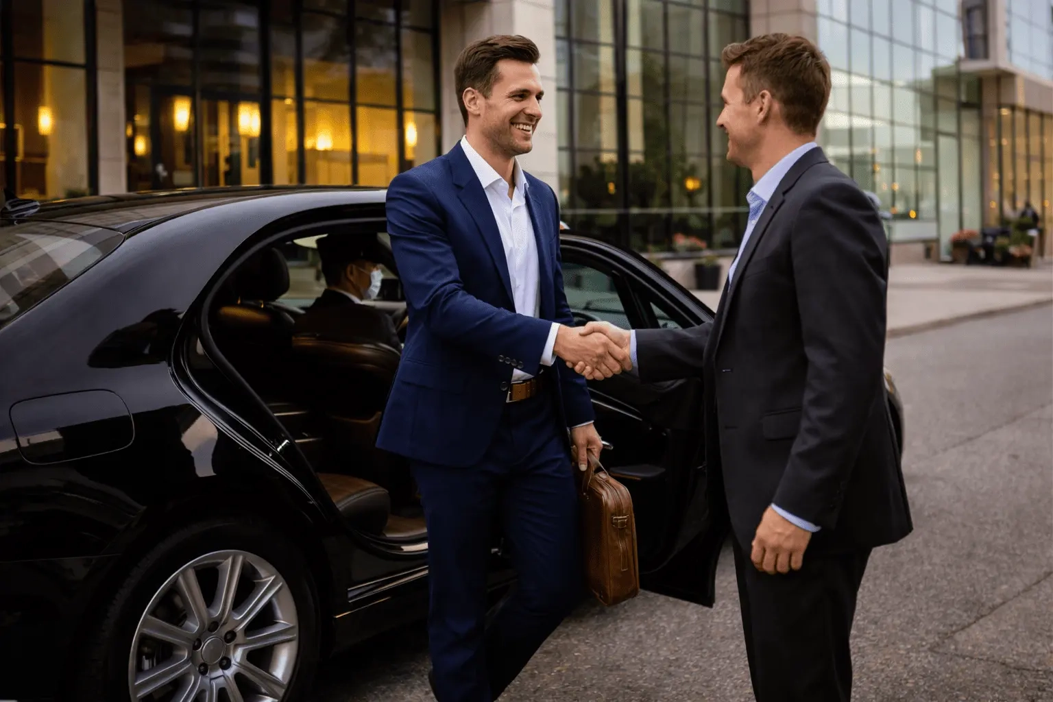 businessmen shaking hands outside luxury car using corporate limo service in Buffalo Niagara