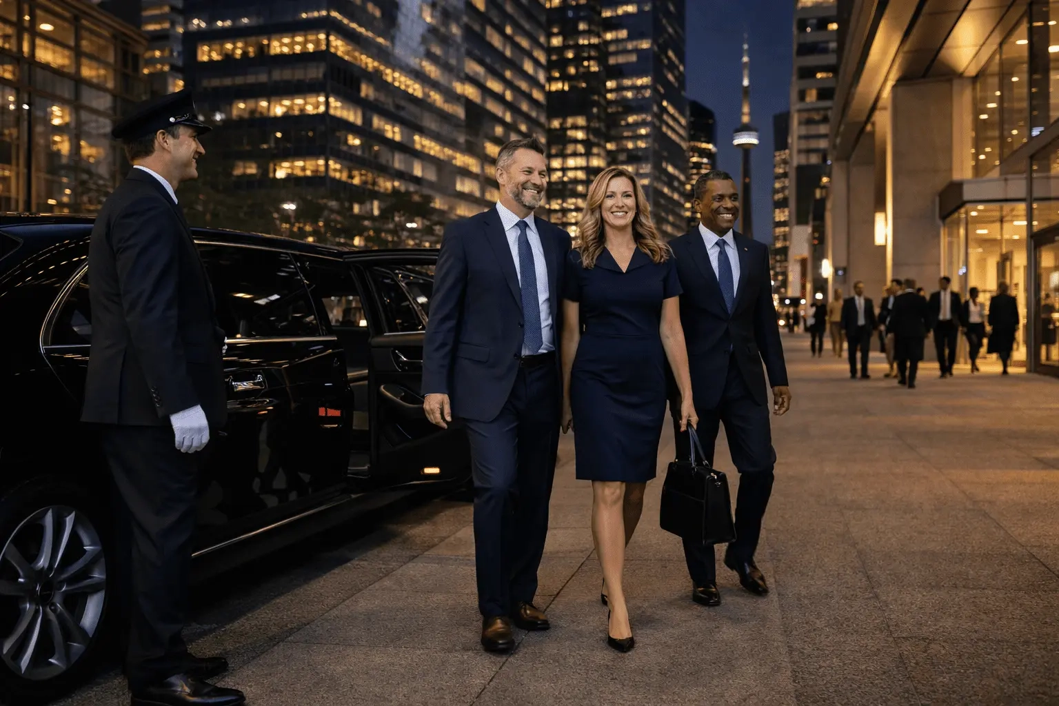 Executives arriving at evening event with corporate limo Toronto and chauffeur drop-off in city