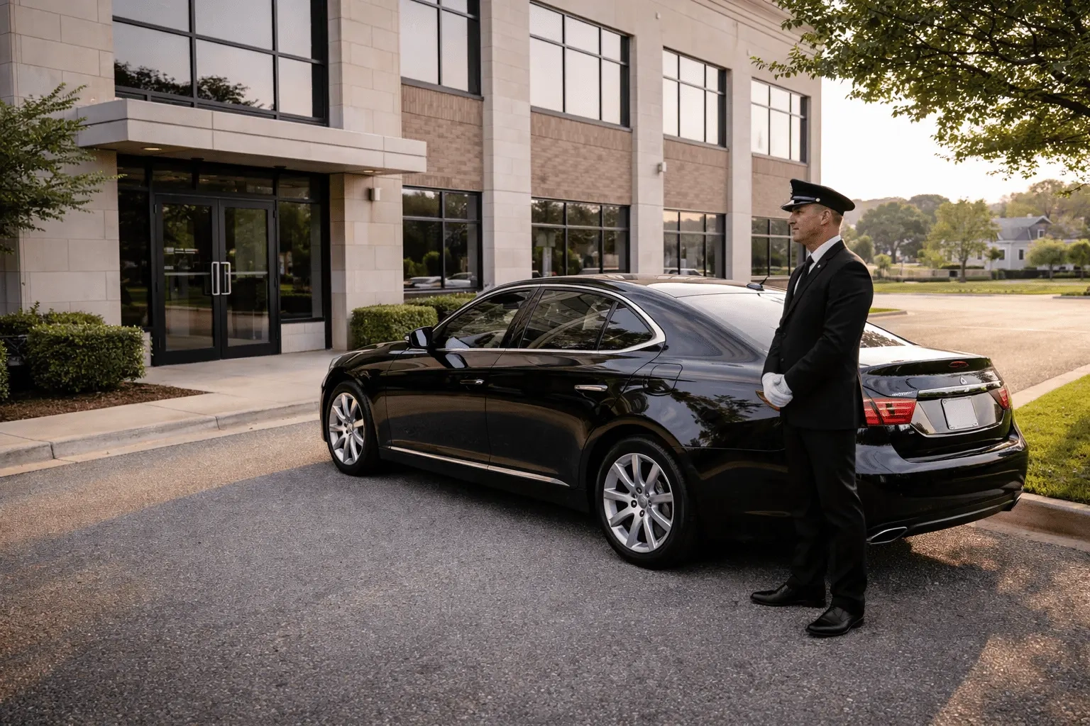chauffeur standing beside luxury car outside office using executive limo service in Port Perry