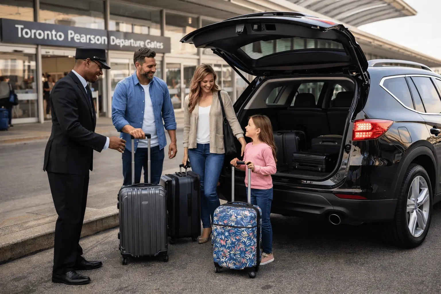 Family airport transfer with private car service Toronto airport and driver assisting luggage at pickup