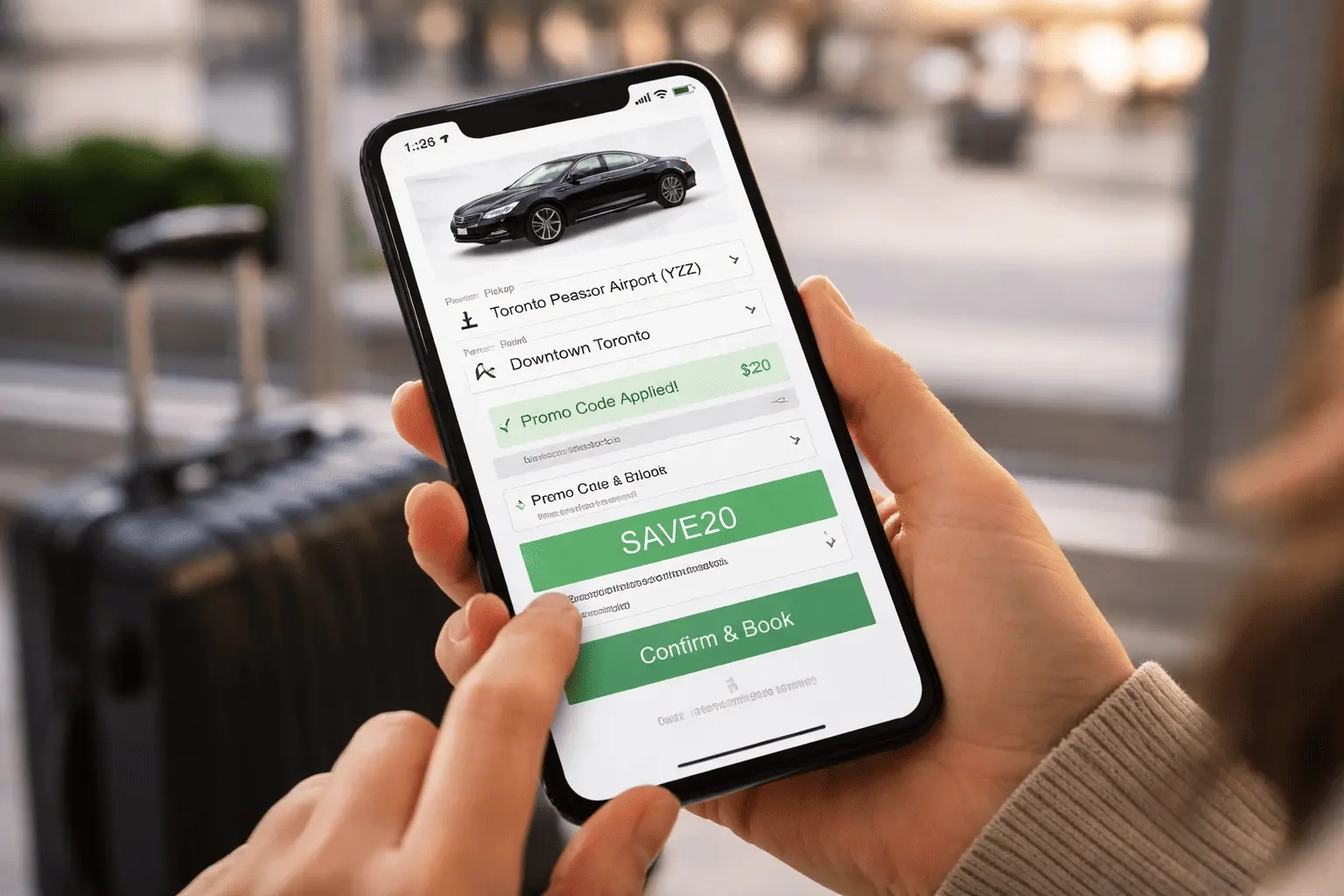 Applying discount code on mobile with Toronto airport limo promo code during online booking