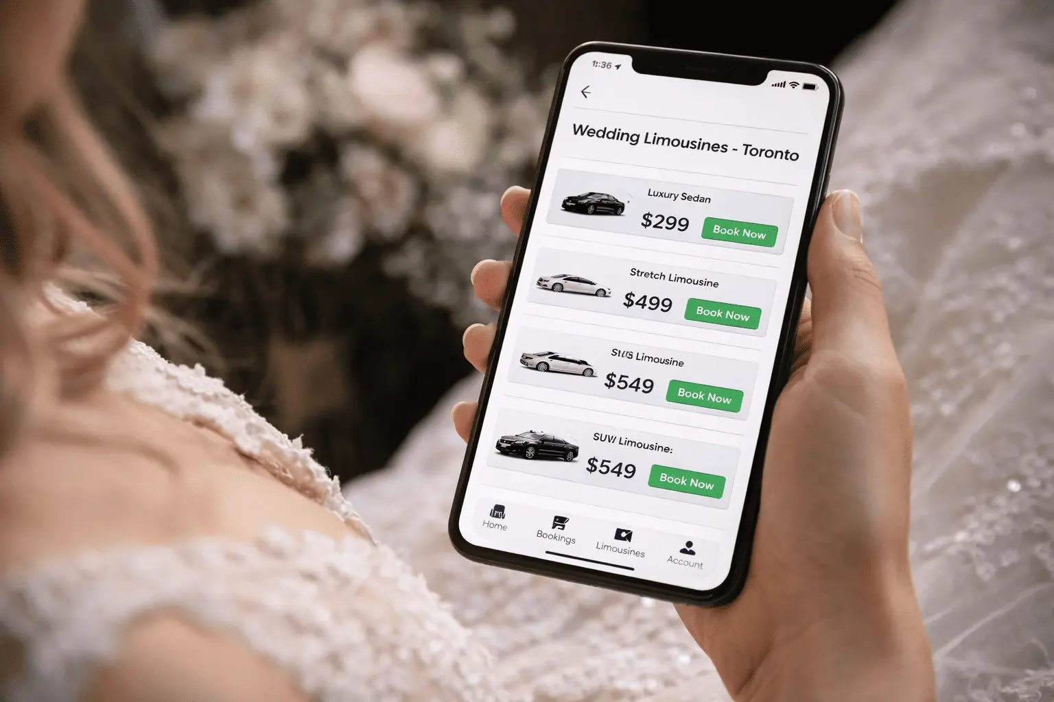 Bride checking limo options on phone with Toronto wedding limo prices during booking