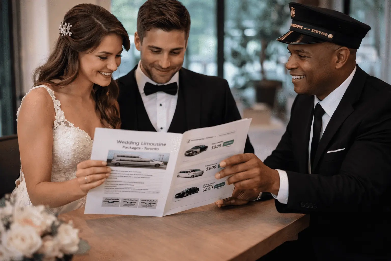 Couple reviewing limo options with wedding limo rental Toronto and chauffeur consultation
