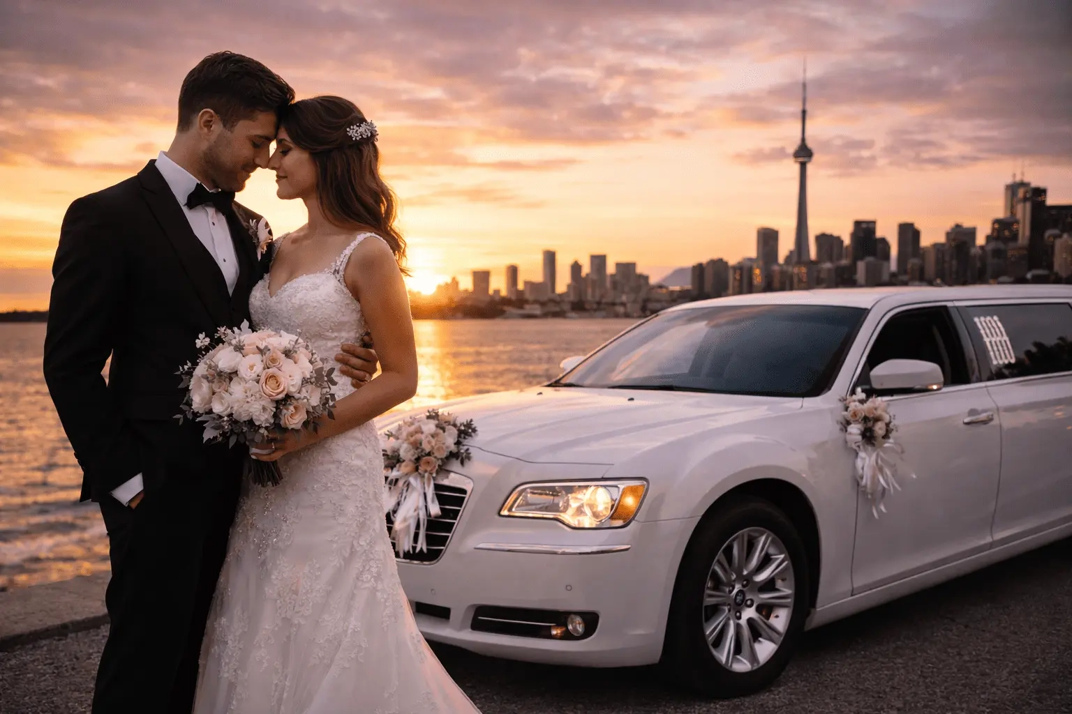 Romantic couple posing by limo at sunset with wedding limo service Toronto and luxury car