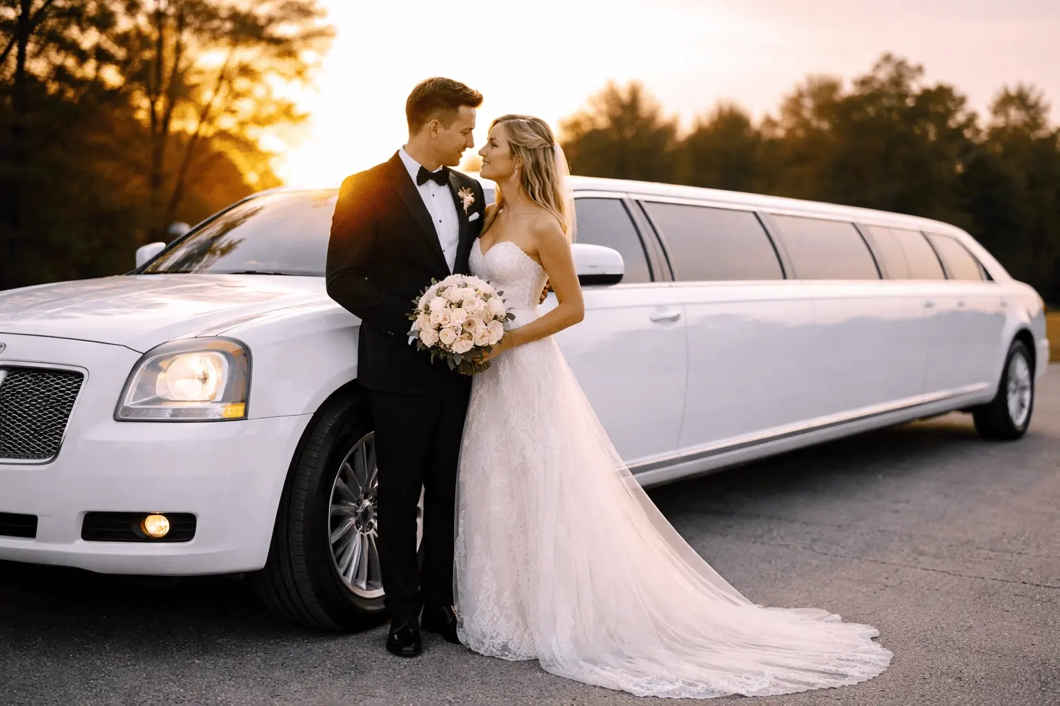 Wedding limo in Port Perry with bride and groom standing beside a luxury white limousine at sunset