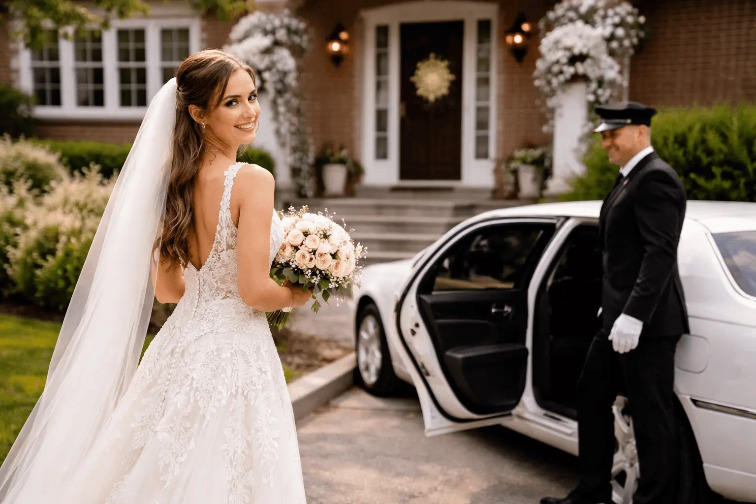 wedding bride near house door preparing to leave using wedding limo in Whitby